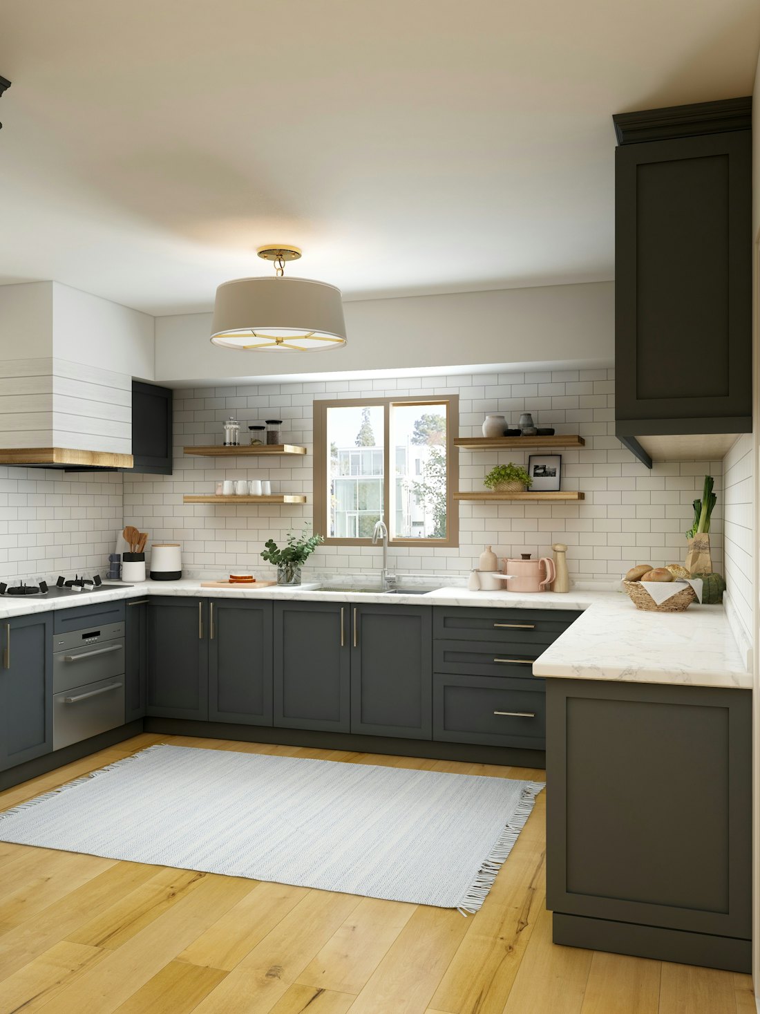 A newly finished kitchen with clean worktops
